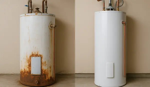 a rusted water heater next to a brand new water heater in Leander, TX - Clogged Line Solutions
