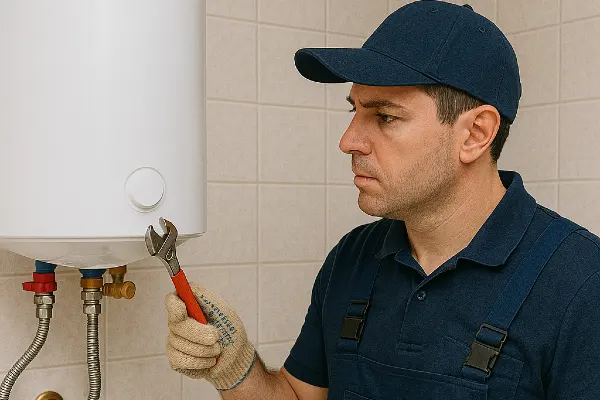 a male plumber working on a water heater mounted on the wall in Leander, TX - Clogged Line Solutions