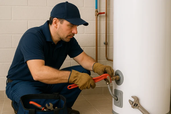 a male plumber working on a water heater connection in Leander, TX - Clogged Line Solutions