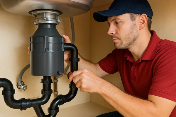 a male plumber using a screwdriver to fix a garbage disposal in Leander, TX - Clogged Line Solutions