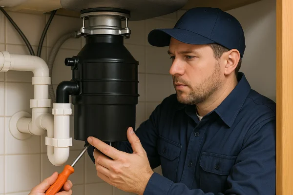 a technician working on a garbage disposal in Leander, TX - Kitchen Plumbing Redesign