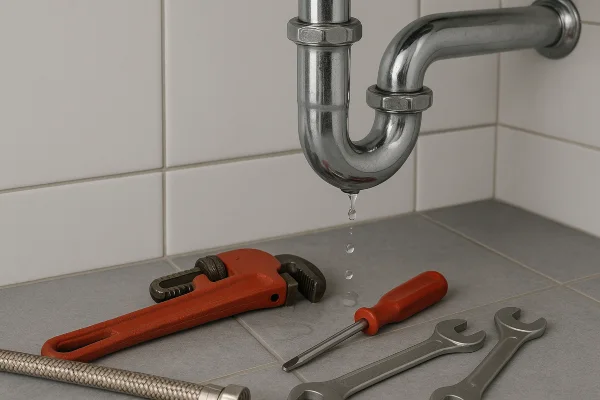 a sink water leak and plumbing tools on the floor in Leander, TX - Kitchen Plumbing Redesign