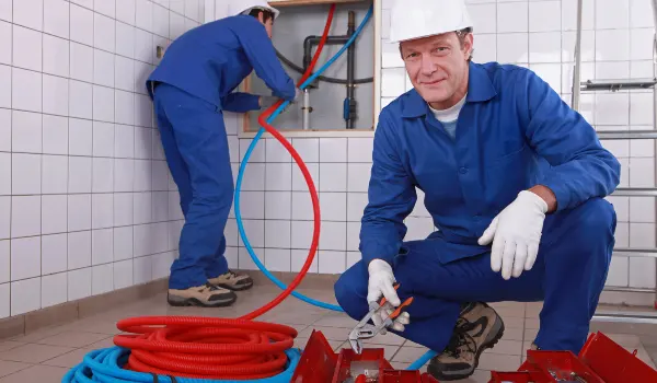 a male plumber fixing a bathroom faucet in Leander, TX - New Construction Plumbing Services