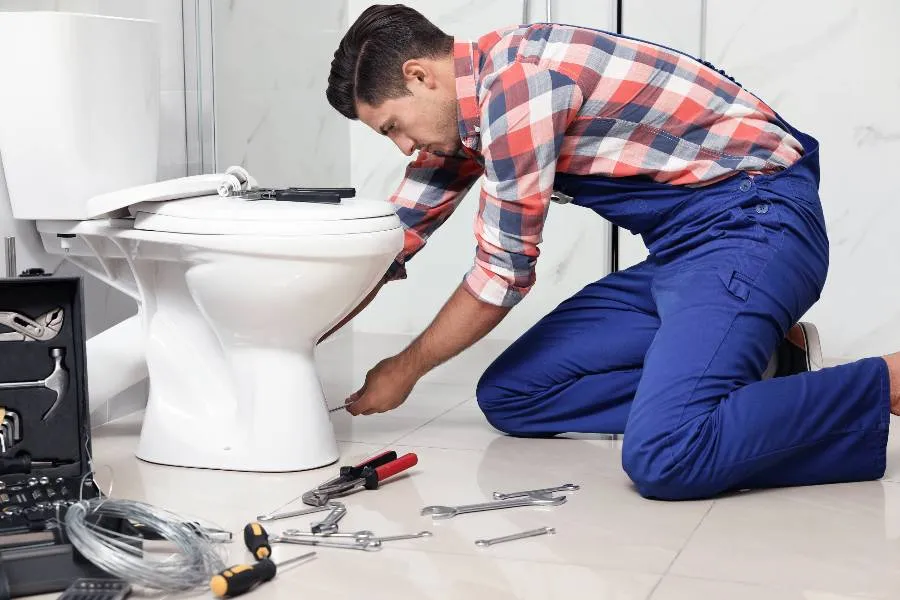 a male plumber fixing a sink pipe in Leander, TX - New Construction Plumbing Services