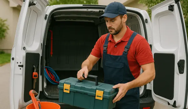 a plumbing technician putting his toolbox back in his van in Leander, TX - Water Leak Detection and Repair Services