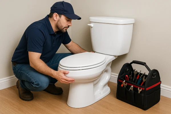 a plumber checking a toilet in Leander, TX - Water Leak Detection and Repair Services