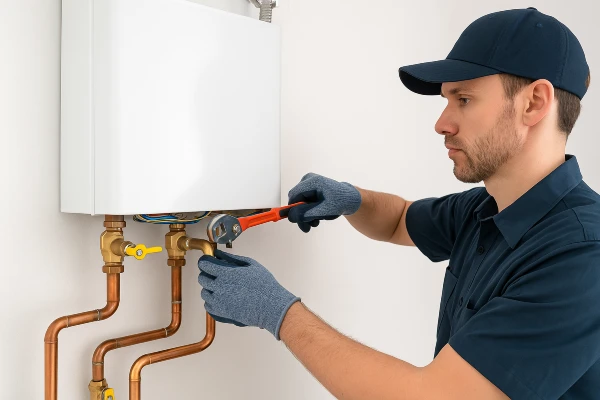 a plumber working on a tankless water heater in Leander, TX - Water Leak Detection and Repair Services