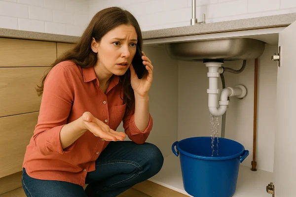 a woman on the phone about a water leak underneath her kitchen sink in Leander, TX - Water Leak Detection and Repair Services