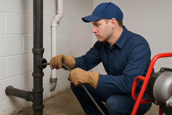 a plumber using a snake to clear a plumbing pipe in Leander, TX - Water Leak Detection and Repair Services
